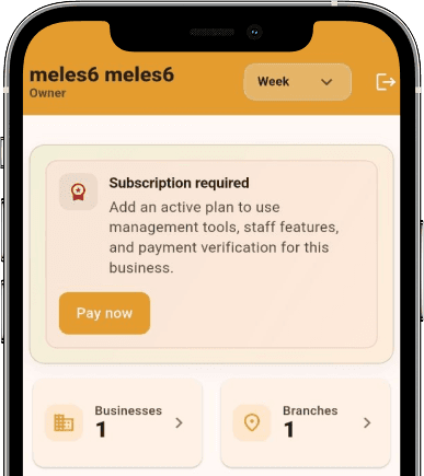 TinaVerify app showing subscription and business dashboard